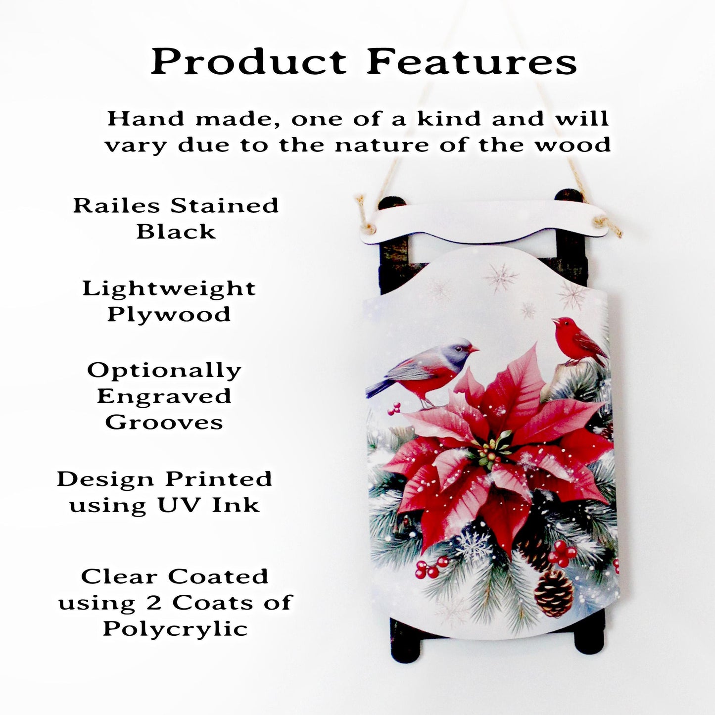 Poinsettia Sled Wall Hanging – Personalized Winter Birds Sign Bursting with Holiday Bloom, Breathe in The Pine-Scented Air On Your Porch