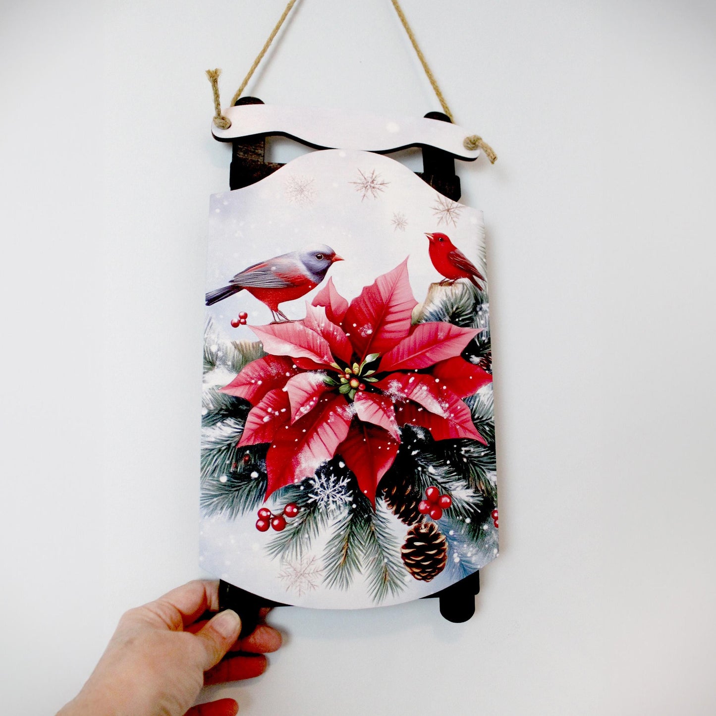 Poinsettia Sled Wall Hanging – Personalized Winter Birds Sign Bursting with Holiday Bloom, Breathe in The Pine-Scented Air On Your Porch