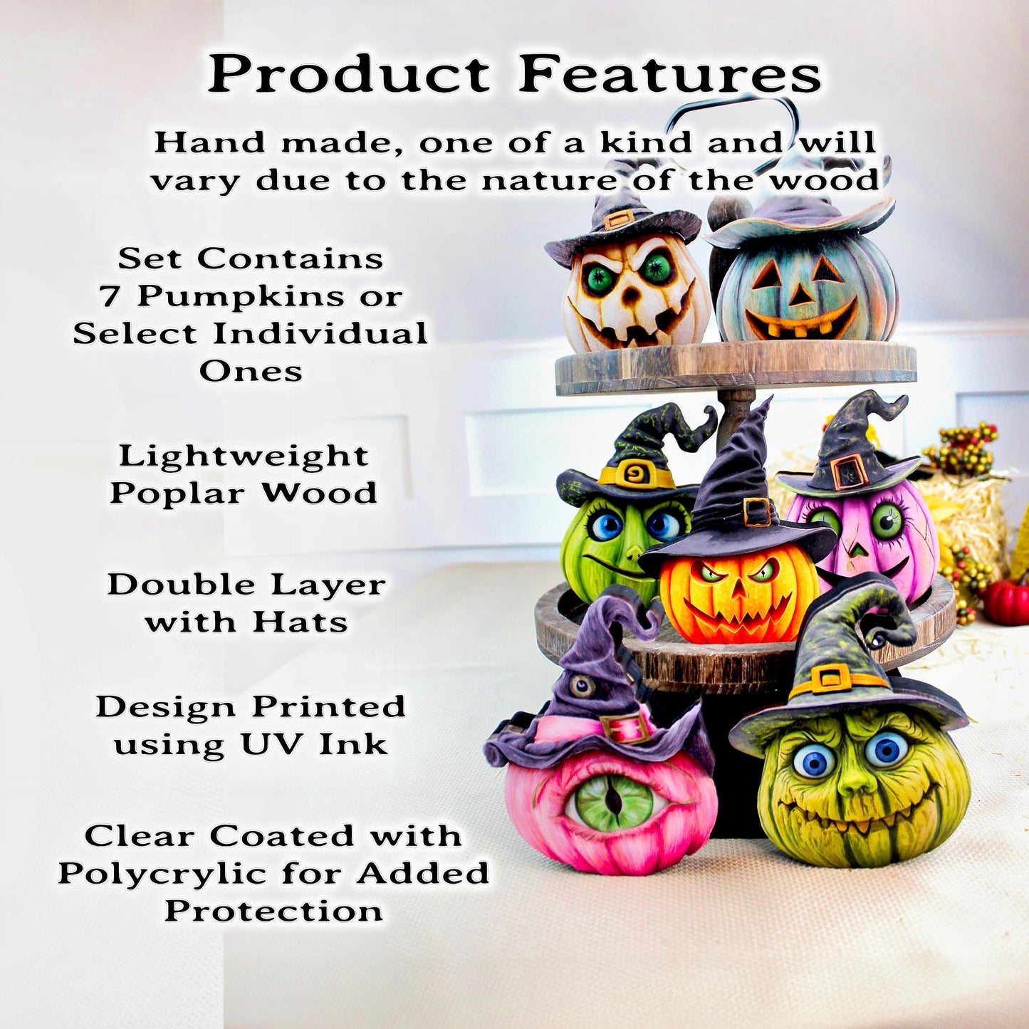 Witch Hats and Pumpkins Shelf Sitters – Set of 7 or Singles, Personalized, Multi-Layer Poplar & Pine Halloween Decor. A whimsical addition