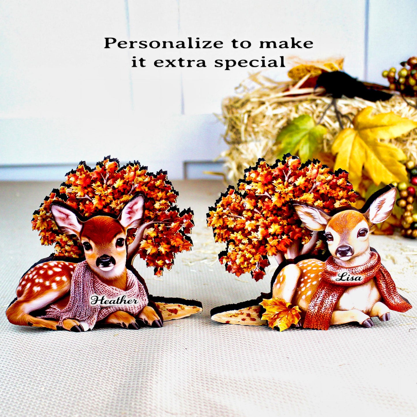 Autumn Deer Shelf Sitters, Set of 2, Can be Personalized, Two Styles, Soft Woodland Charm For Cozy Fall Days, Sweet Fawns In Scarves