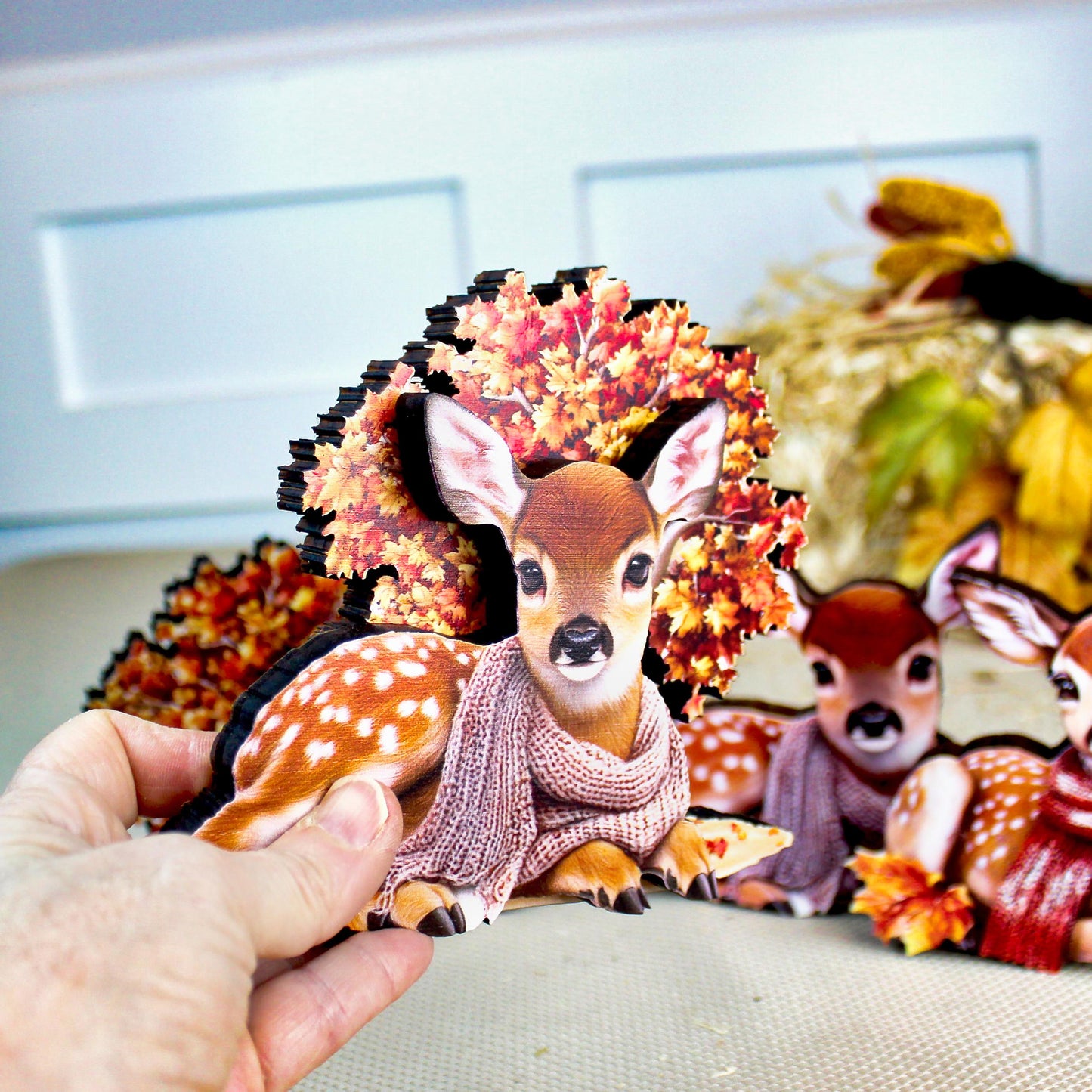 Autumn Deer Shelf Sitters, Set of 2, Can be Personalized, Two Styles, Soft Woodland Charm For Cozy Fall Days, Sweet Fawns In Scarves