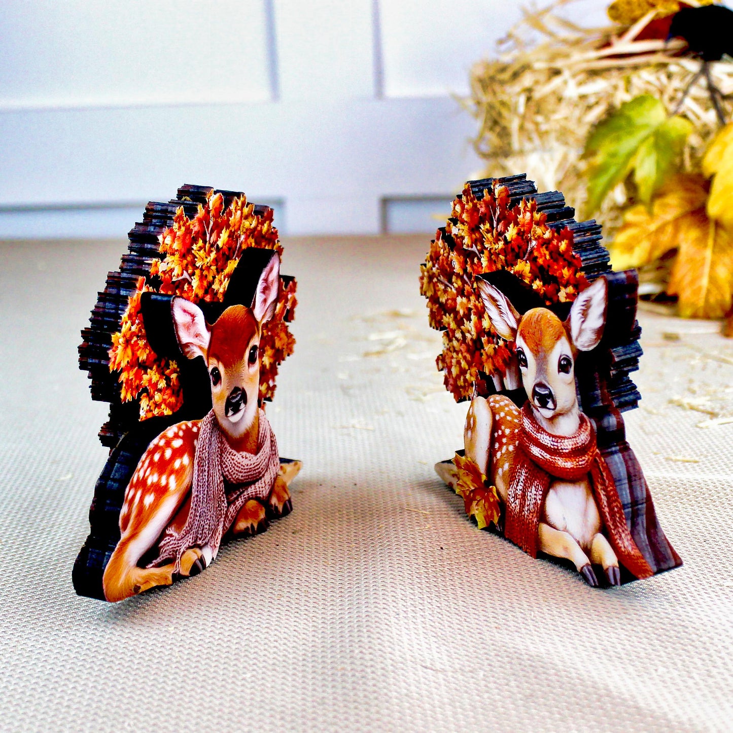 Autumn Deer Shelf Sitters, Set of 2, Can be Personalized, Two Styles, Soft Woodland Charm For Cozy Fall Days, Sweet Fawns In Scarves