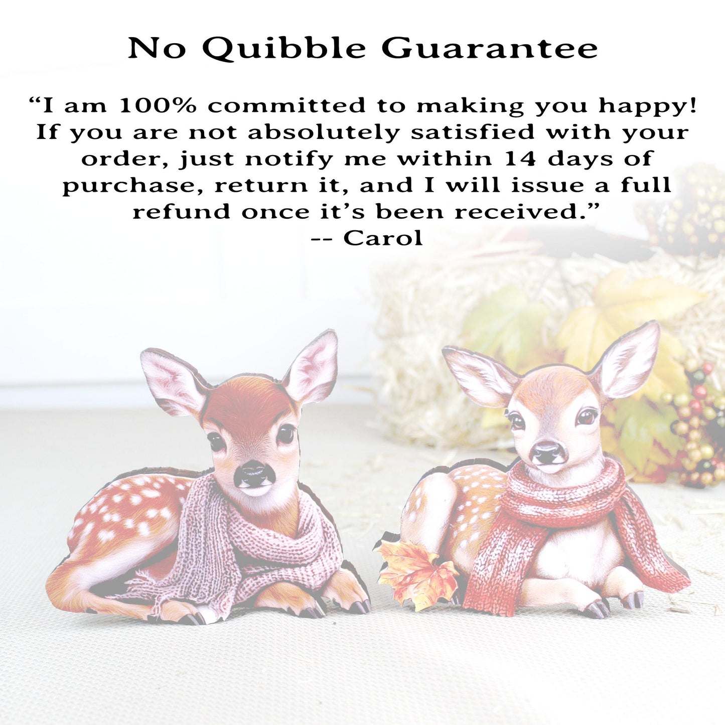 Personalized Baby Deer Shelf Sitters – Custom Unique Pastel Deer with Scarves with Fall Leaves, Whimsy, Warmth, and Charming and Elegant