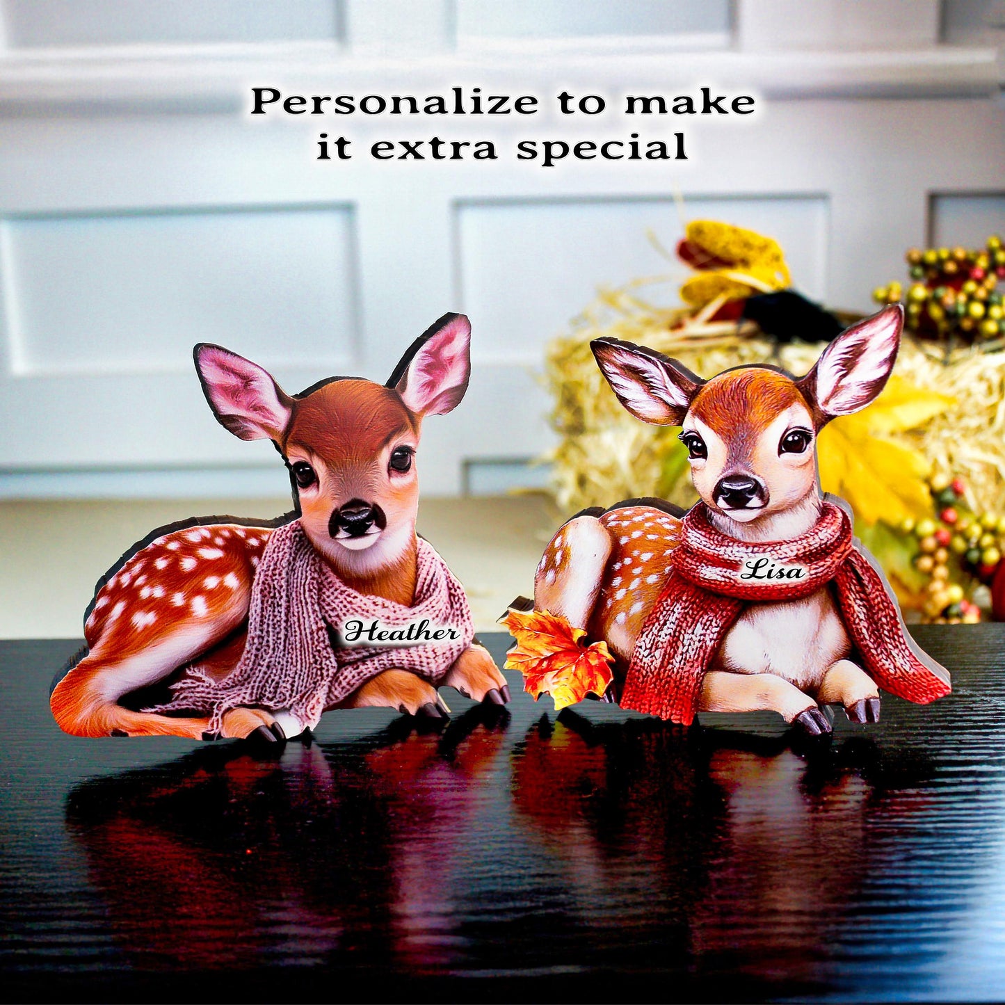 Personalized Baby Deer Shelf Sitters – Custom Unique Pastel Deer with Scarves with Fall Leaves, Whimsy, Warmth, and Charming and Elegant