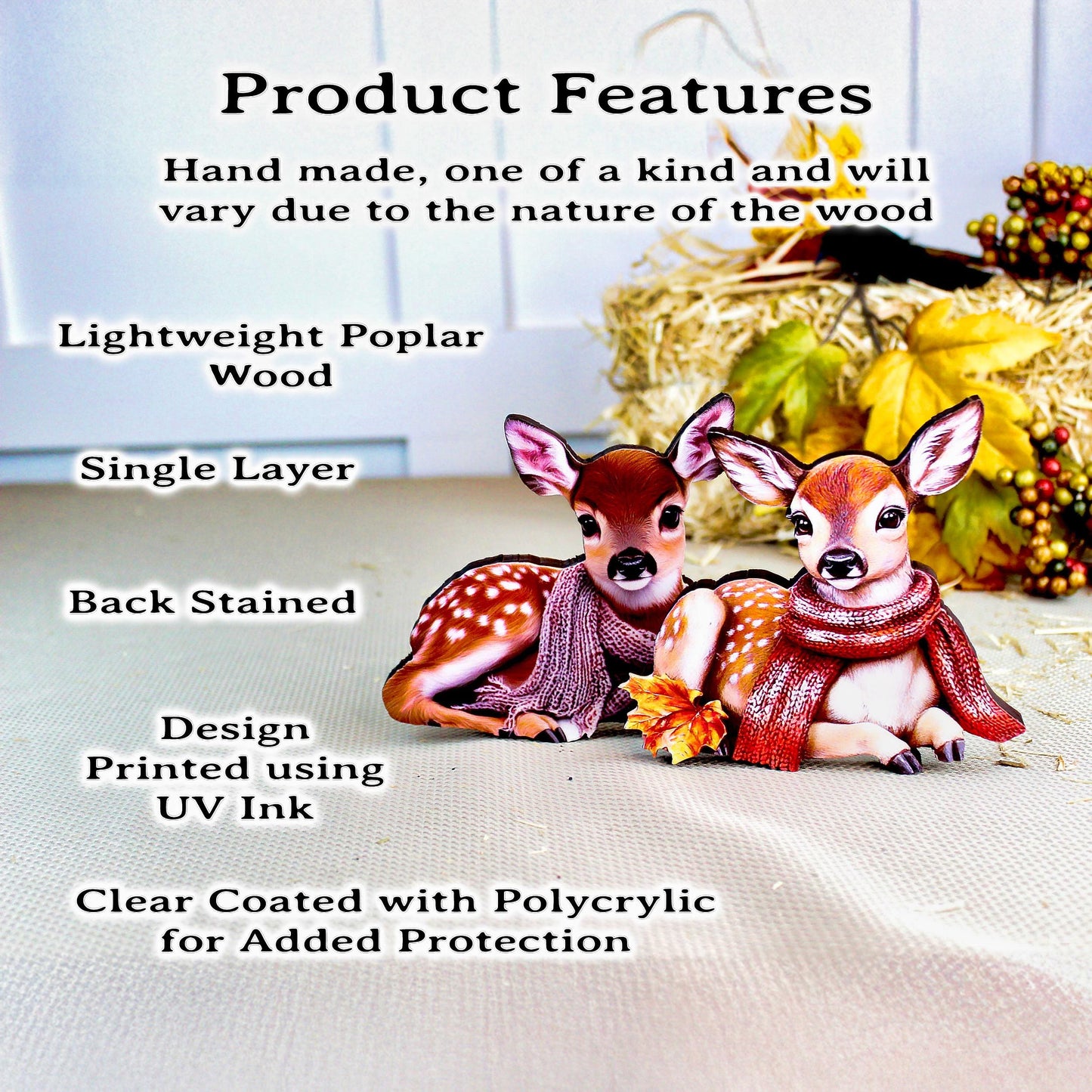 Personalized Baby Deer Shelf Sitters – Custom Unique Pastel Deer with Scarves with Fall Leaves, Whimsy, Warmth, and Charming and Elegant