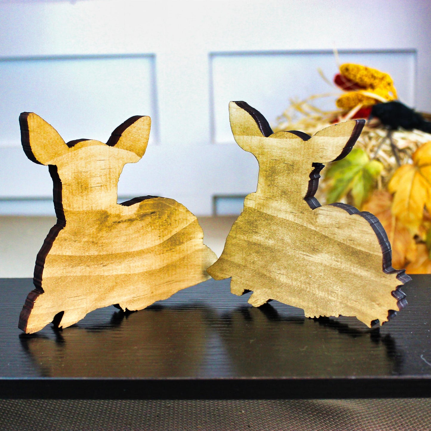 Personalized Baby Deer Shelf Sitters – Custom Unique Pastel Deer with Scarves with Fall Leaves, Whimsy, Warmth, and Charming and Elegant