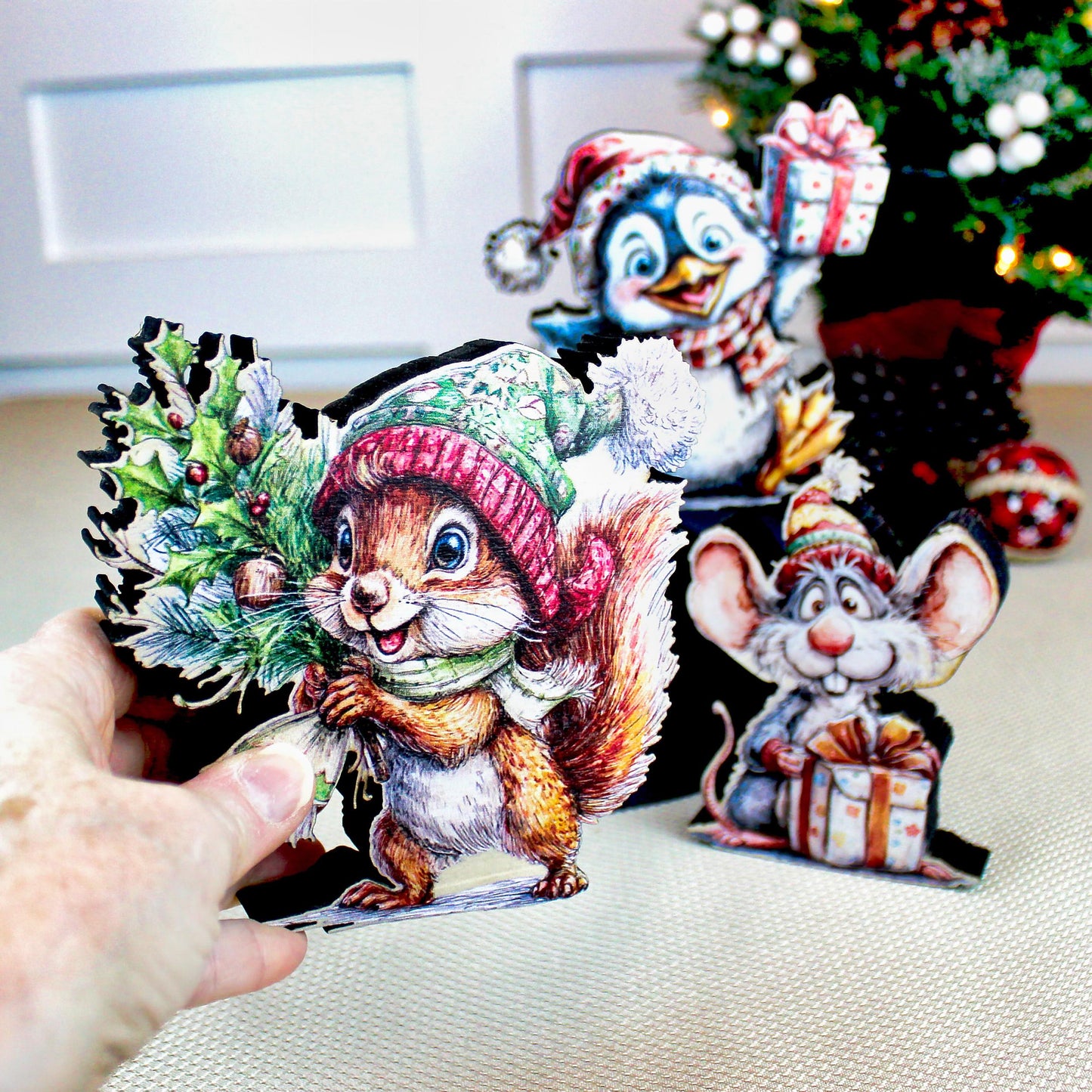 Christmas Shelf Sitters – Set of 3 Baby Critters Squirrel, Penguin & Mouse, Add Your Names, Holiday Mantel Decor. Whimsy that warms the room