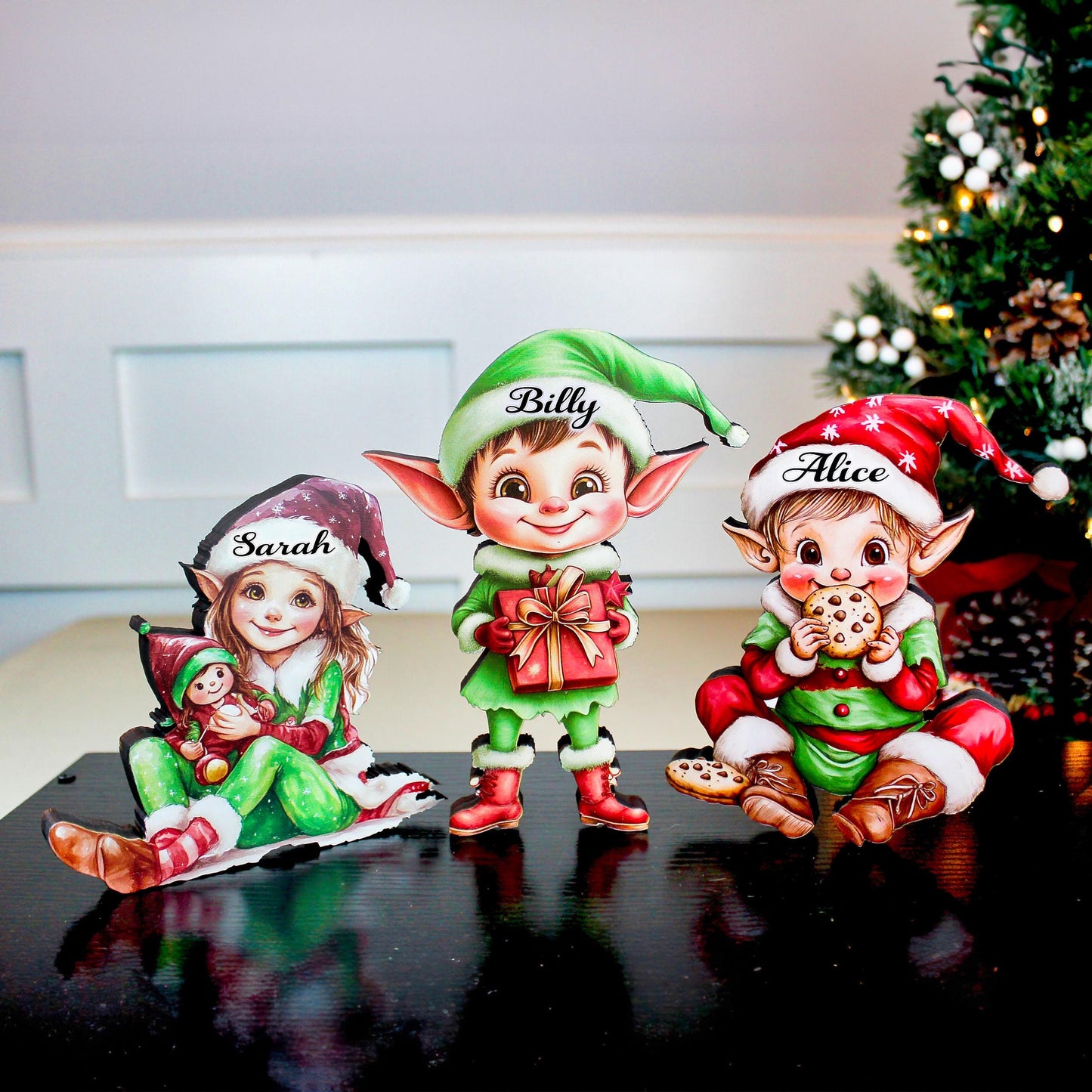 Set of 3 Christmas Elf Shelf Sitters, Wooden Holiday Mantel Decor. Three Merry Helpers, One Cozy Story
