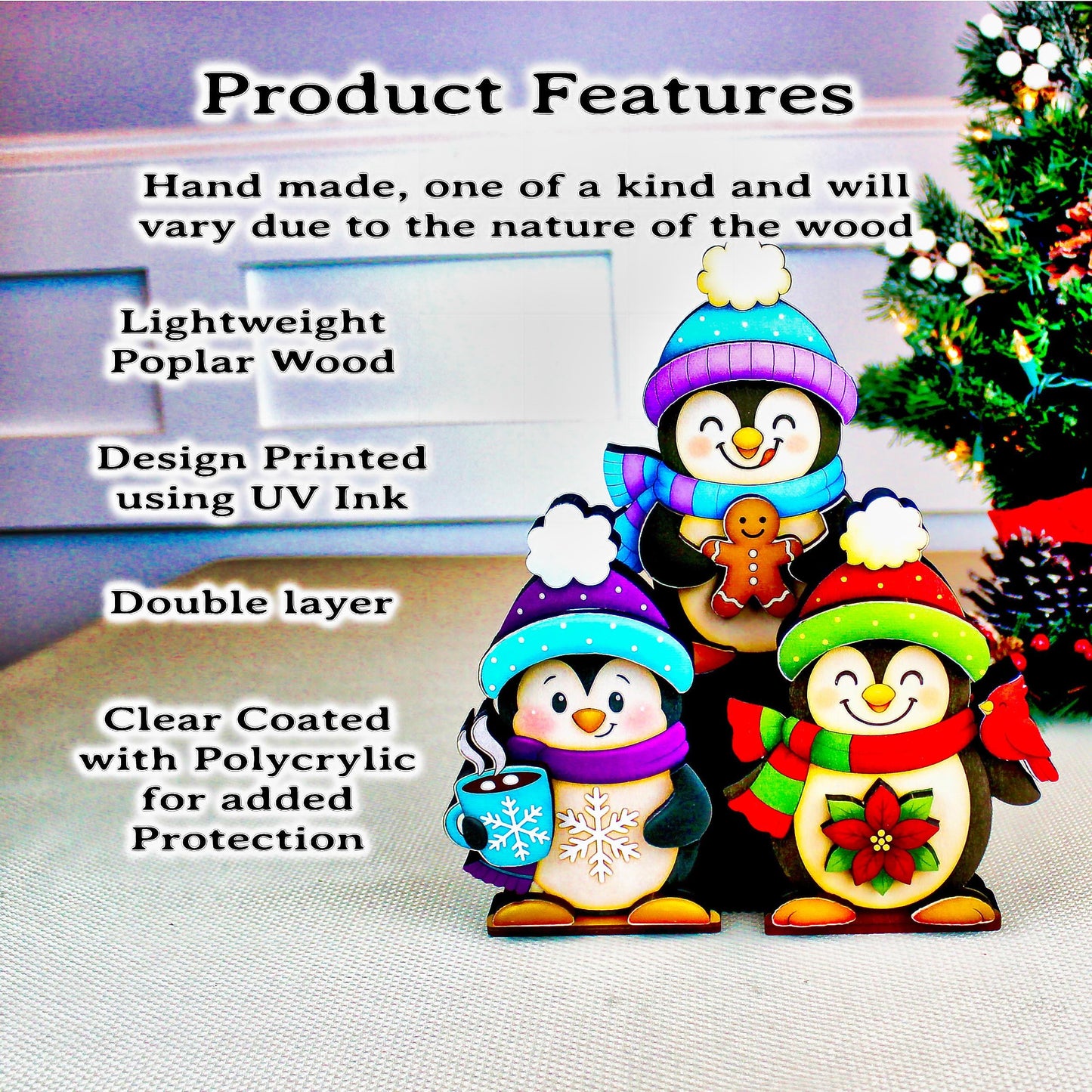 Christmas Penguin Shelf Sitters – Set of 3, Single or Multi-Layer, Personalized Names, Holiday Mantel Decor, Three Waddlers = Winter Joy