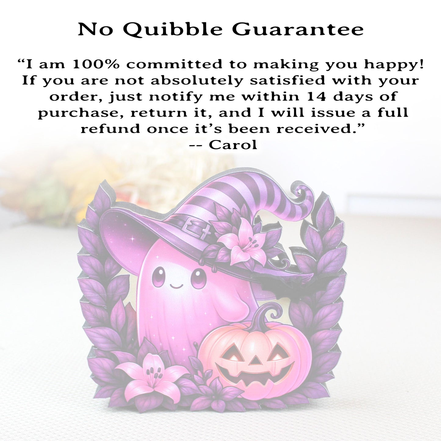 Pink Ghost Halloween Shelf Sitter – Multi-Layer Wooden Scene with Pumpkins and Flowers. Rustic Accent for Tiered Trays, Mantels & Shelves