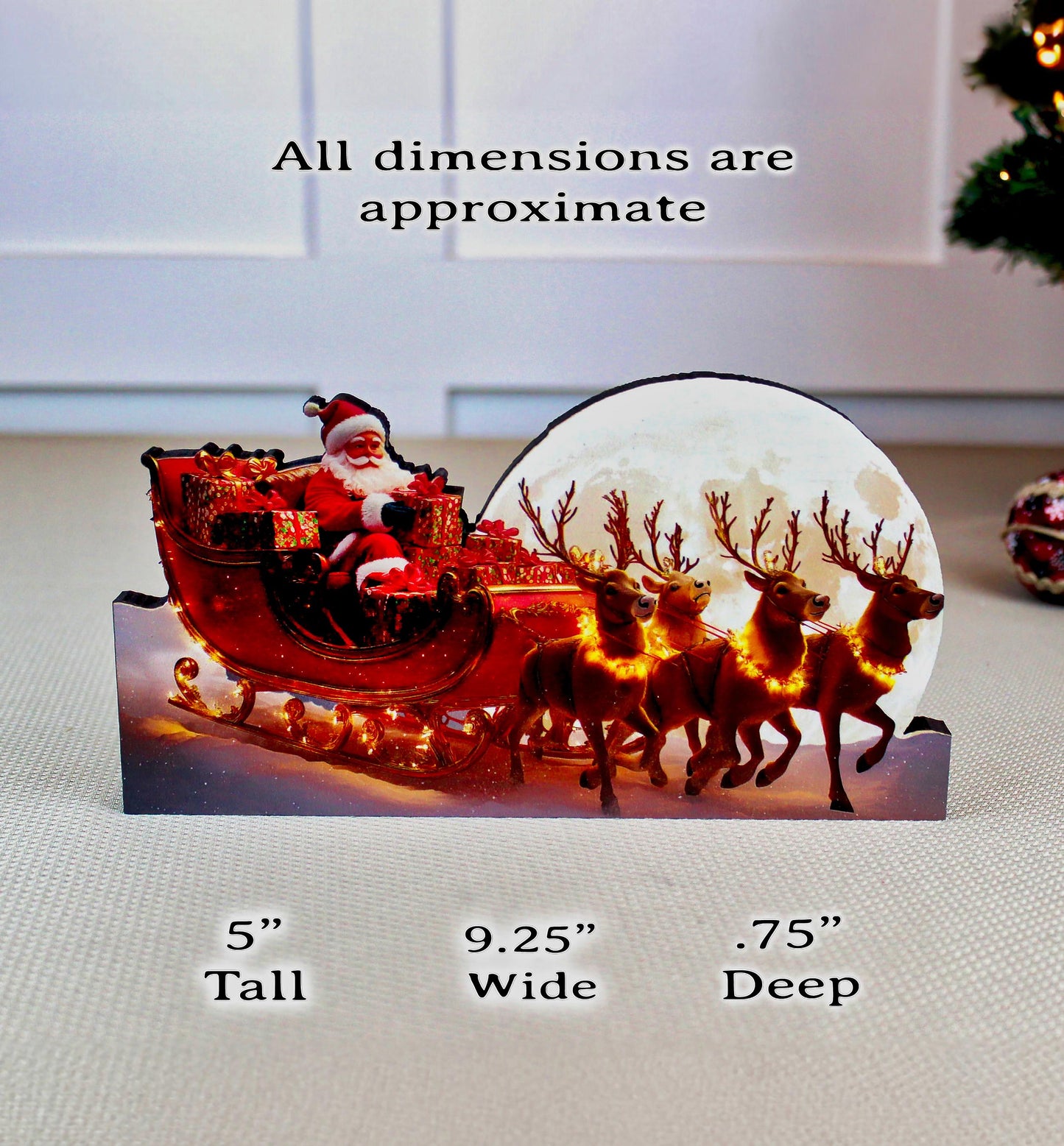 Santa Sleigh Shelf Sitter – Personalized Christmas Mantel Decor, Reindeer & Moonlit Scene. this sleigh scene brings instant Christmas wonder