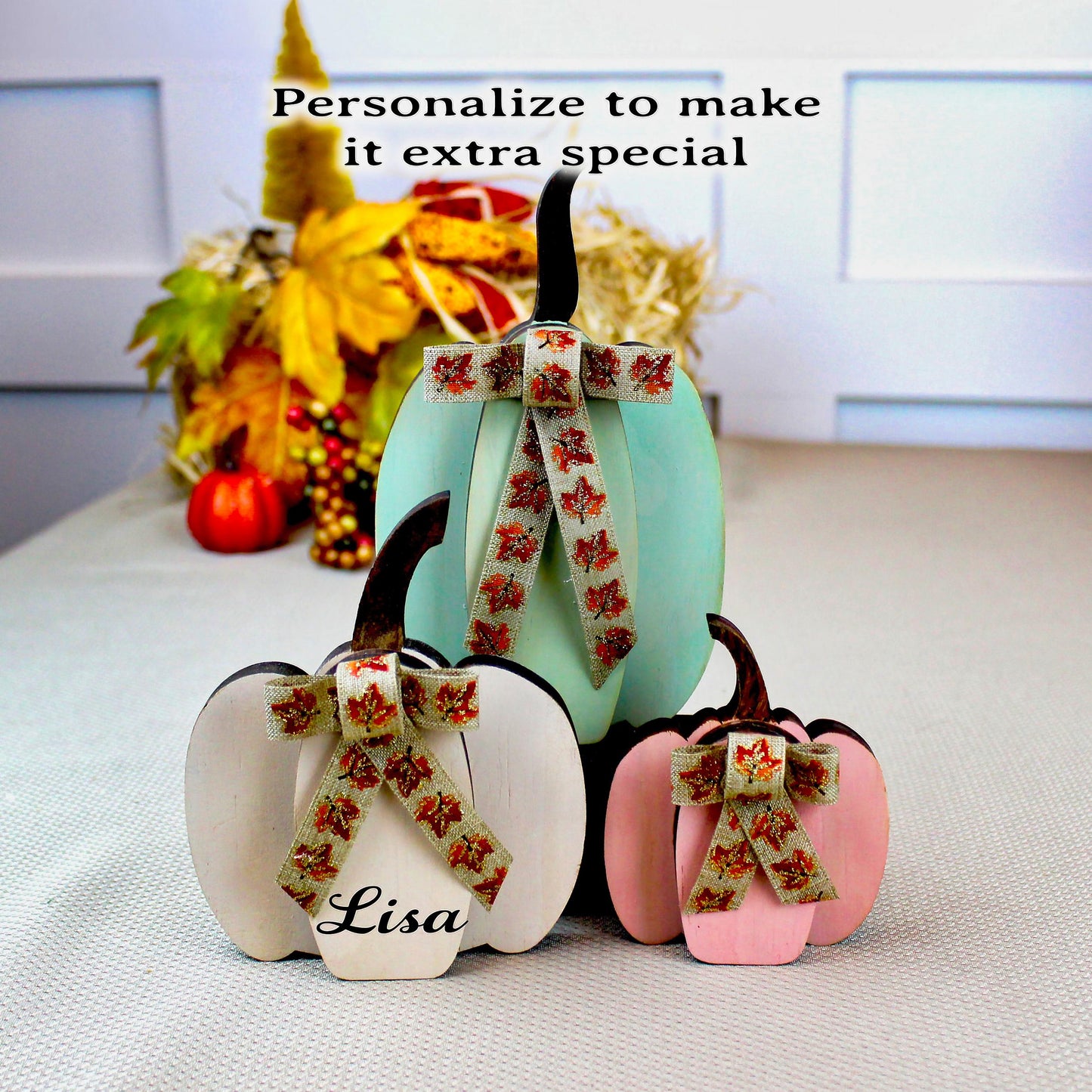 Set of 3 Pumpkin Shelf Sitters – Round or Straight Style, Personalized Fall Pumpkins, 1" Thick Wooden Mantel Decor, Soft, Cozy Autumn Charm
