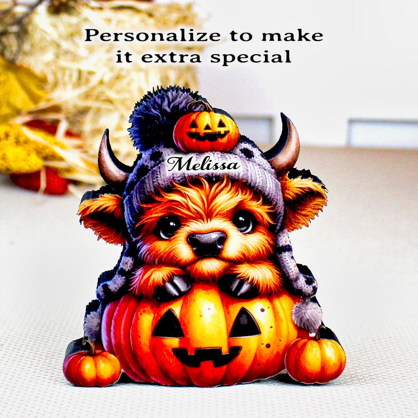 Halloween Highland Cow Shelf Sitter – Baby Cow with Pumpkins, Cute meets spooky, Décor Accent for Tiered Trays, Mantels & Shelves