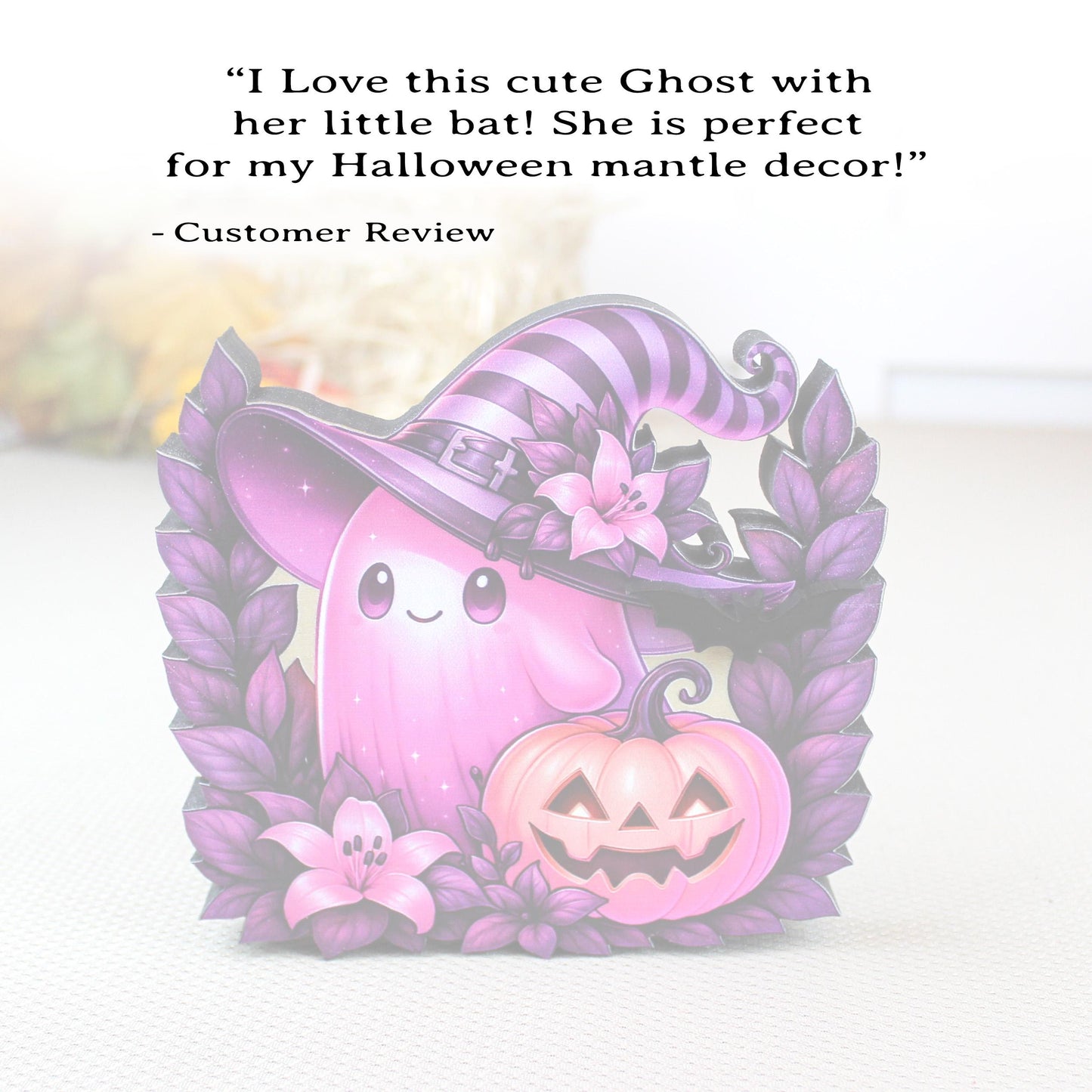 Pink Ghost Halloween Shelf Sitter – Multi-Layer Wooden Scene with Pumpkins and Flowers. Rustic Accent for Tiered Trays, Mantels & Shelves