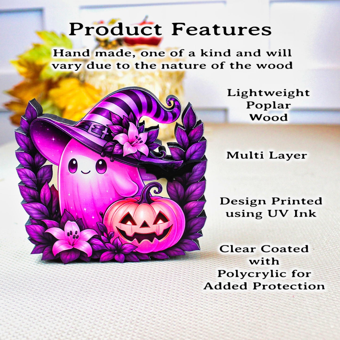 Pink Ghost Halloween Shelf Sitter – Multi-Layer Wooden Scene with Pumpkins and Flowers. Rustic Accent for Tiered Trays, Mantels & Shelves
