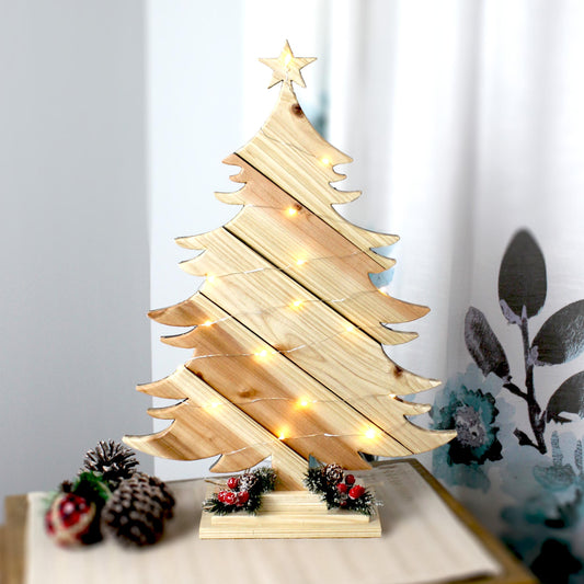 Rustic Natural Wood Christmas Tree With Fairy Lights, Farmhouse Personalized Tabletop Decor, Fireplace Mantel Decoration