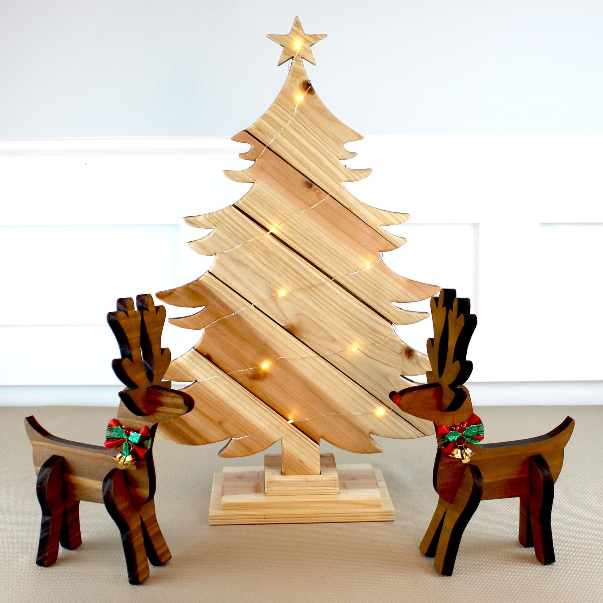 Rustic Natural Wood Christmas Tree With Fairy Lights and Reindeer