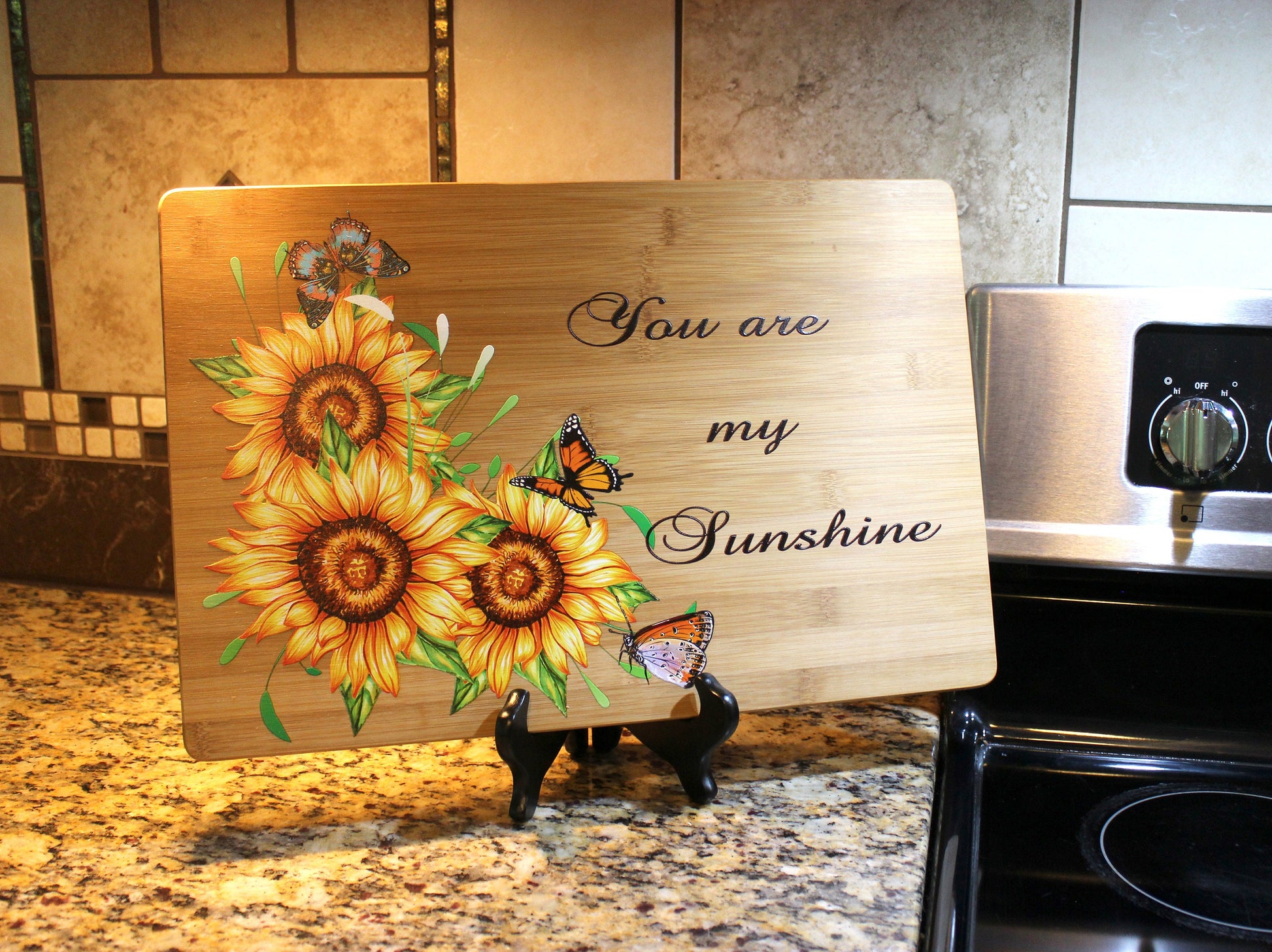 Sunflowers & Butterflies or Bees Kitchen Decor, Sunflower Cutting Board, Large Personalized Bamboo Cutting Board, Environmentally Friendly