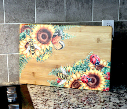 Sunflowers, Butterflies, Bees & Lady Bugs Brighten up your Kitchen Decor with this Environmentally Friendly Bamboo Board Printed with UV Ink
