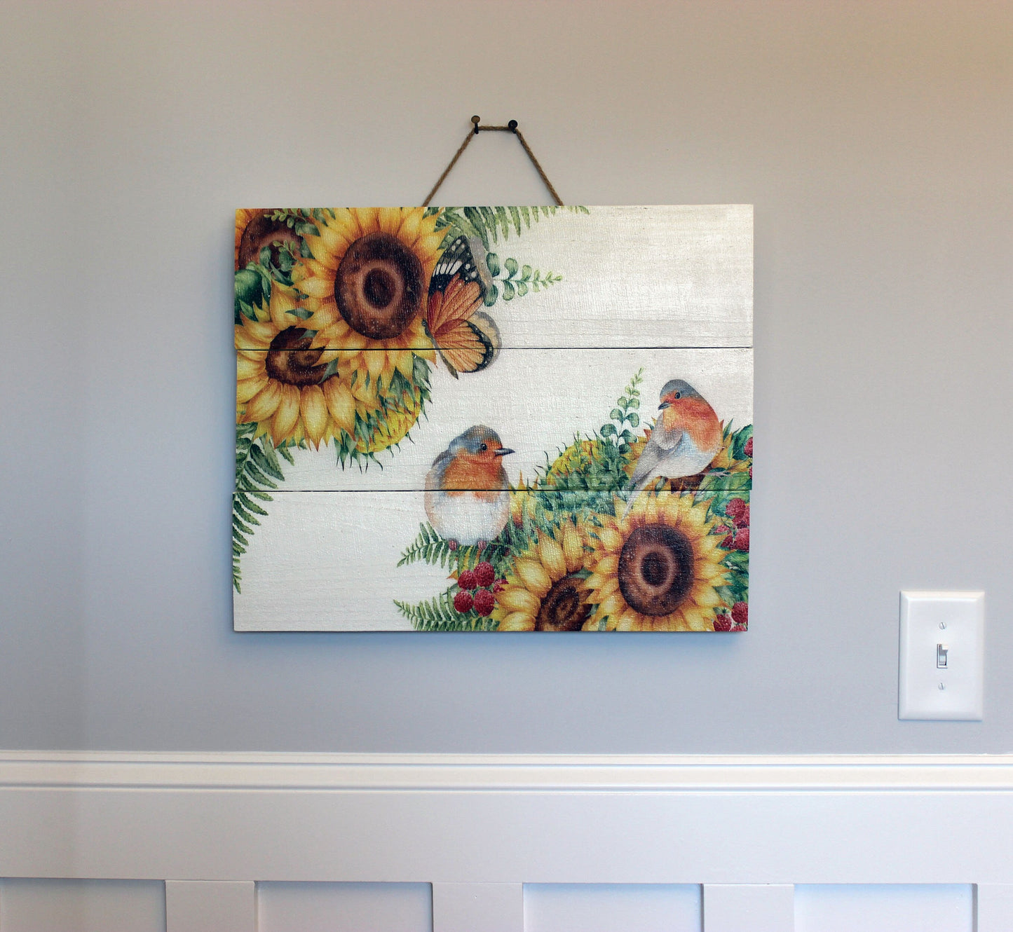 Sunflowers and Birds Pallet Art is a Beautiful Design, Pallet Wood Panels Decorated with durable UVink