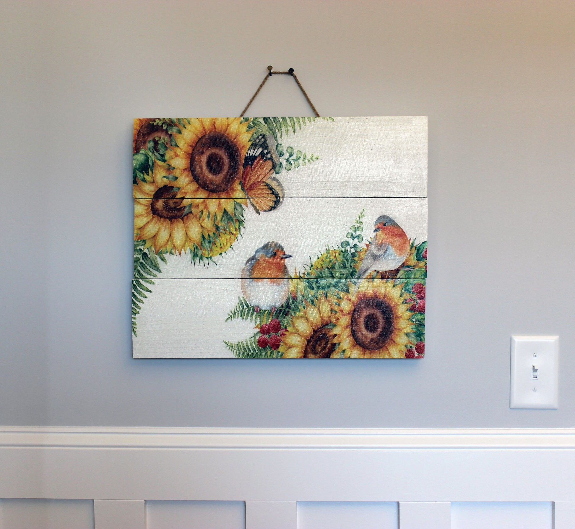 Sunflowers and Birds Pallet Art is a Beautiful Design, Pallet Wood Panels Decorated with durable UVink