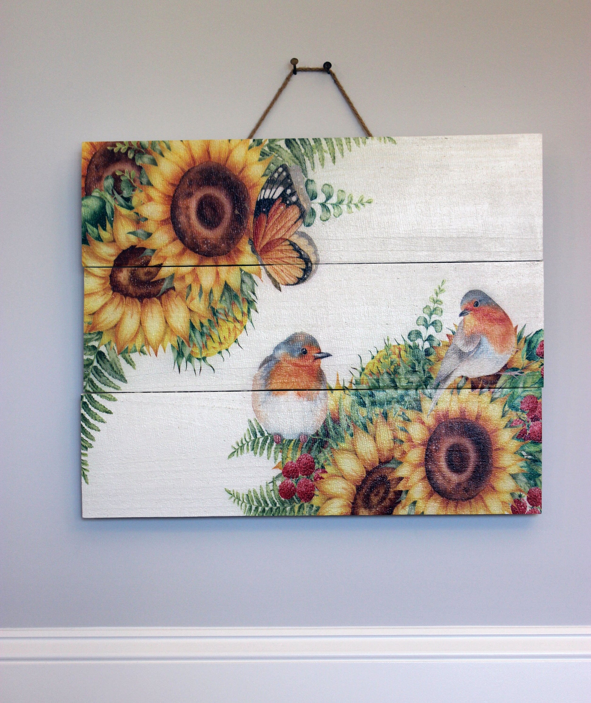 Sunflowers and Birds Pallet Art is a Beautiful Design, Pallet Wood Panels Decorated with durable UVink
