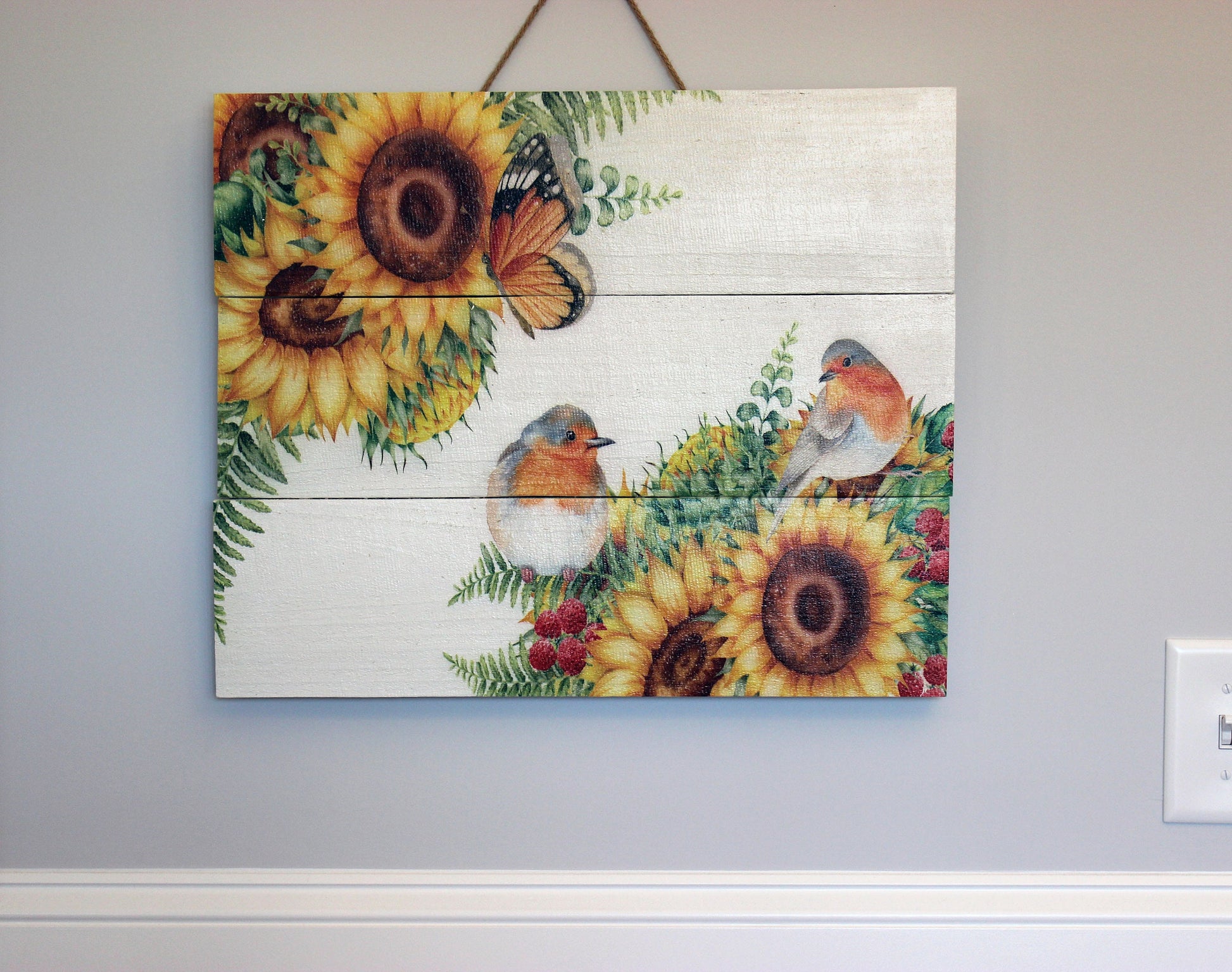 Sunflowers and Birds Pallet Art is a Beautiful Design, Pallet Wood Panels Decorated with durable UVink
