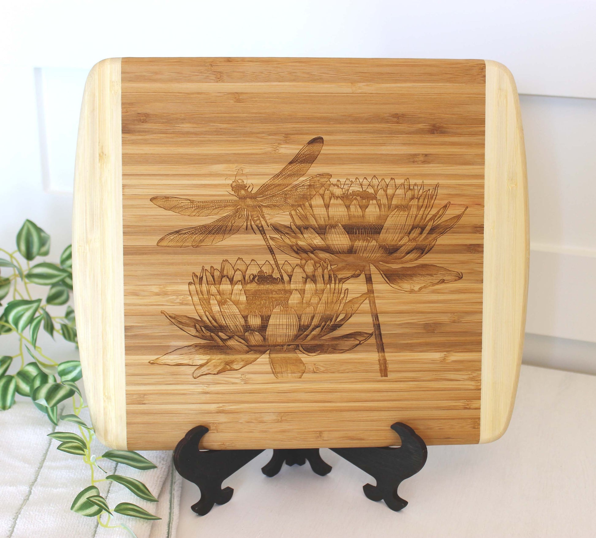 Dragonfly & Lotus Flowers Decorate this Bamboo Cutting Board and can be Personalized, Environmentally Friendly Gifts and Wood Easel Include