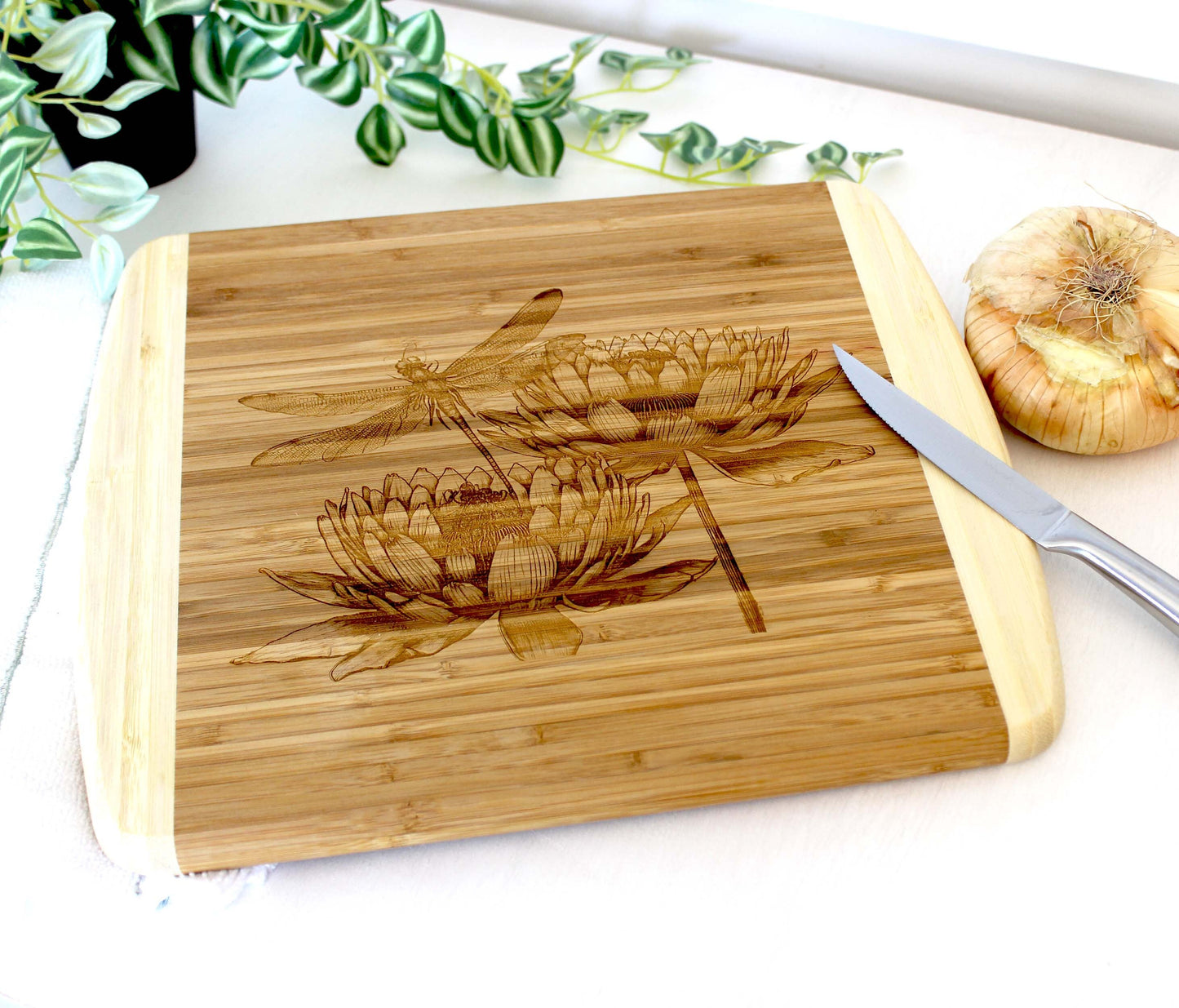 Dragonfly & Lotus Flowers Decorate this Bamboo Cutting Board and can be Personalized, Environmentally Friendly Gifts and Wood Easel Include