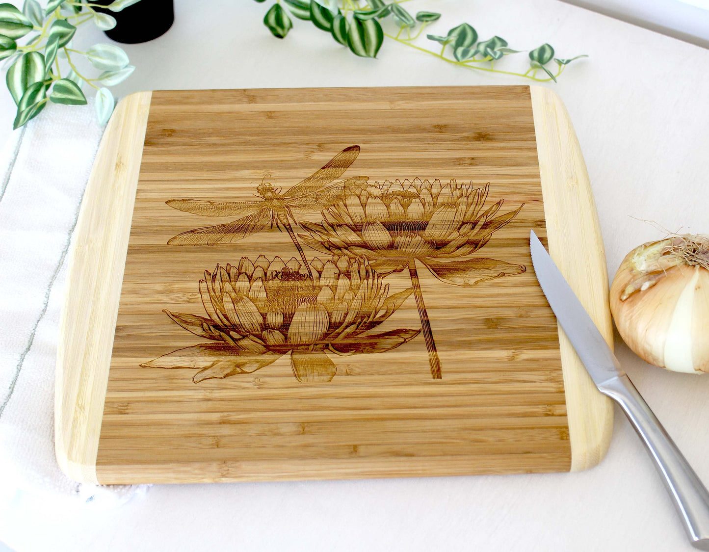 Dragonfly & Lotus Flowers Decorate this Bamboo Cutting Board and can be Personalized, Environmentally Friendly Gifts and Wood Easel Include