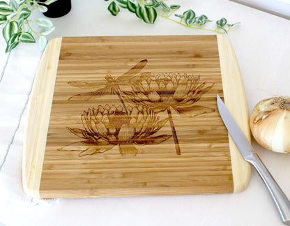Dragonfly & Lotus Flowers Decorate this Bamboo Cutting Board and can be Personalized, Environmentally Friendly Gifts and Wood Easel Include