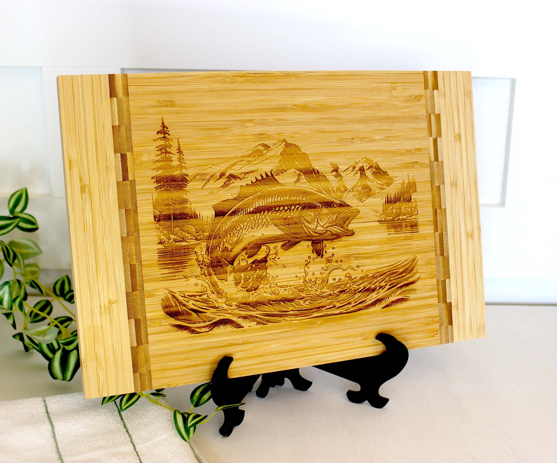 Mountain Lake Fishing Design Decorate this Bamboo Cutting Board & can be Personalized, Environmentally Friendly Gifts and Wood Easel Include