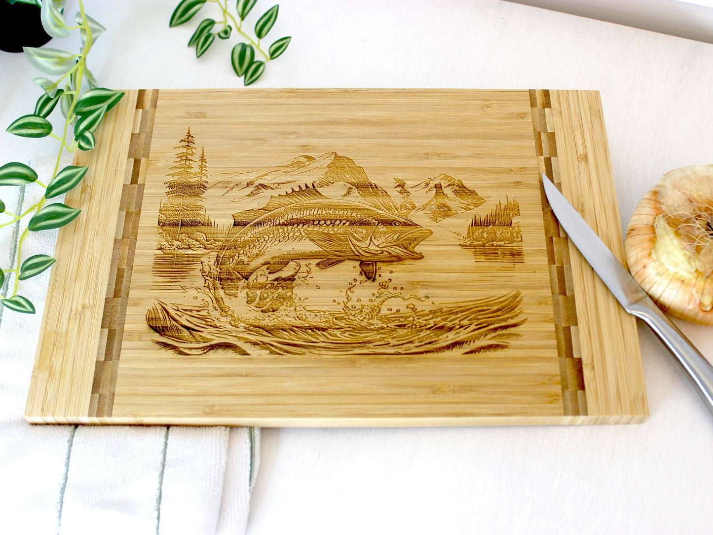 Mountain Lake Fishing Design Decorate this Bamboo Cutting Board & can be Personalized, Environmentally Friendly Gifts and Wood Easel Include