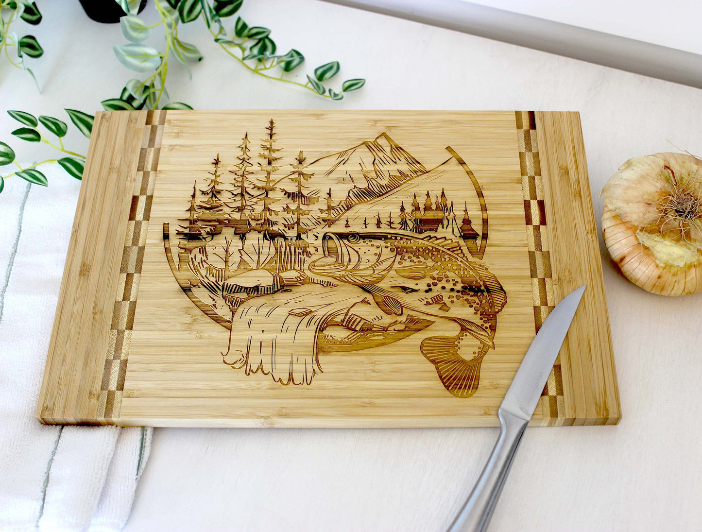 Mountain Fishing Design Decorate this Bamboo Cutting Board and can be Personalized, Environmentally Friendly Gifts and Wood Easel Include