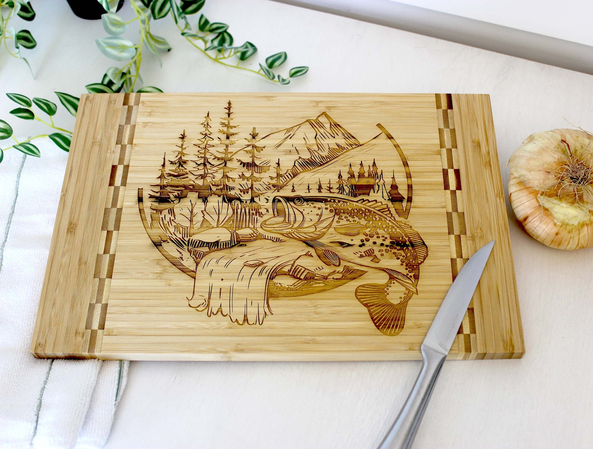 Mountain Fishing Design Decorate this Bamboo Cutting Board and can be Personalized, Environmentally Friendly Gifts and Wood Easel Include