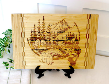 Mountain Fishing Design Decorate this Bamboo Cutting Board and can be Personalized, Environmentally Friendly Gifts and Wood Easel Include