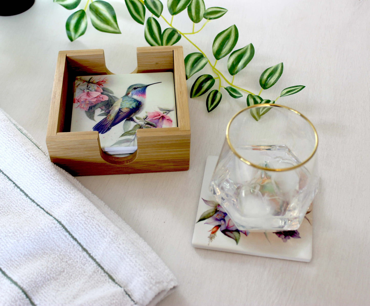Unique Hummingbird Designs Decorate these Bamboo Drinkware/Beverage Coasters, great Gift for Hummingbird Lover and Mother's Day