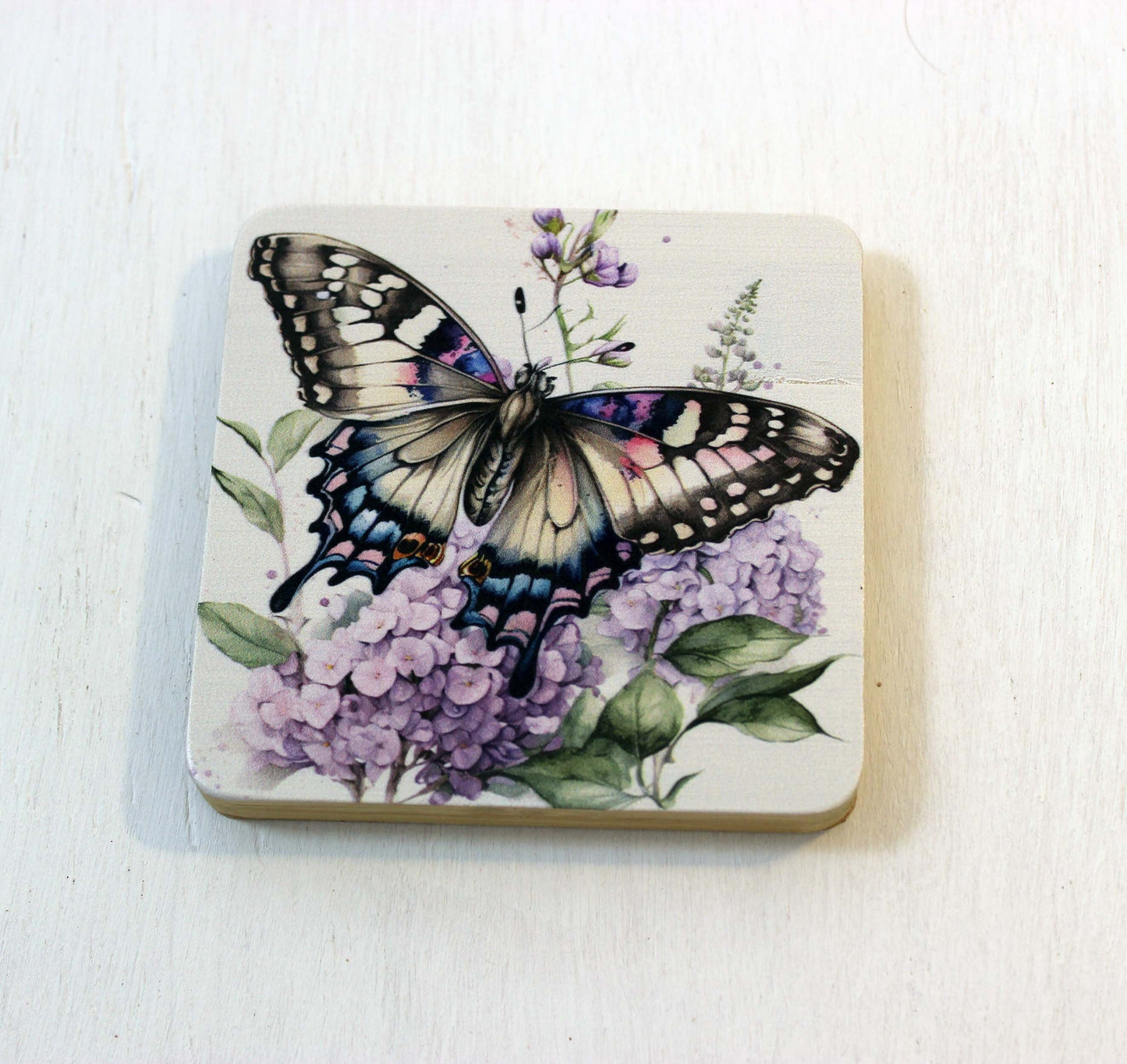Butterfly Bamboo Coaster Set, Set of 6 includes Bamboo Coaster Caddy & Cork Backing, Beautiful Summer Butterflies UV Ink Decorated Set