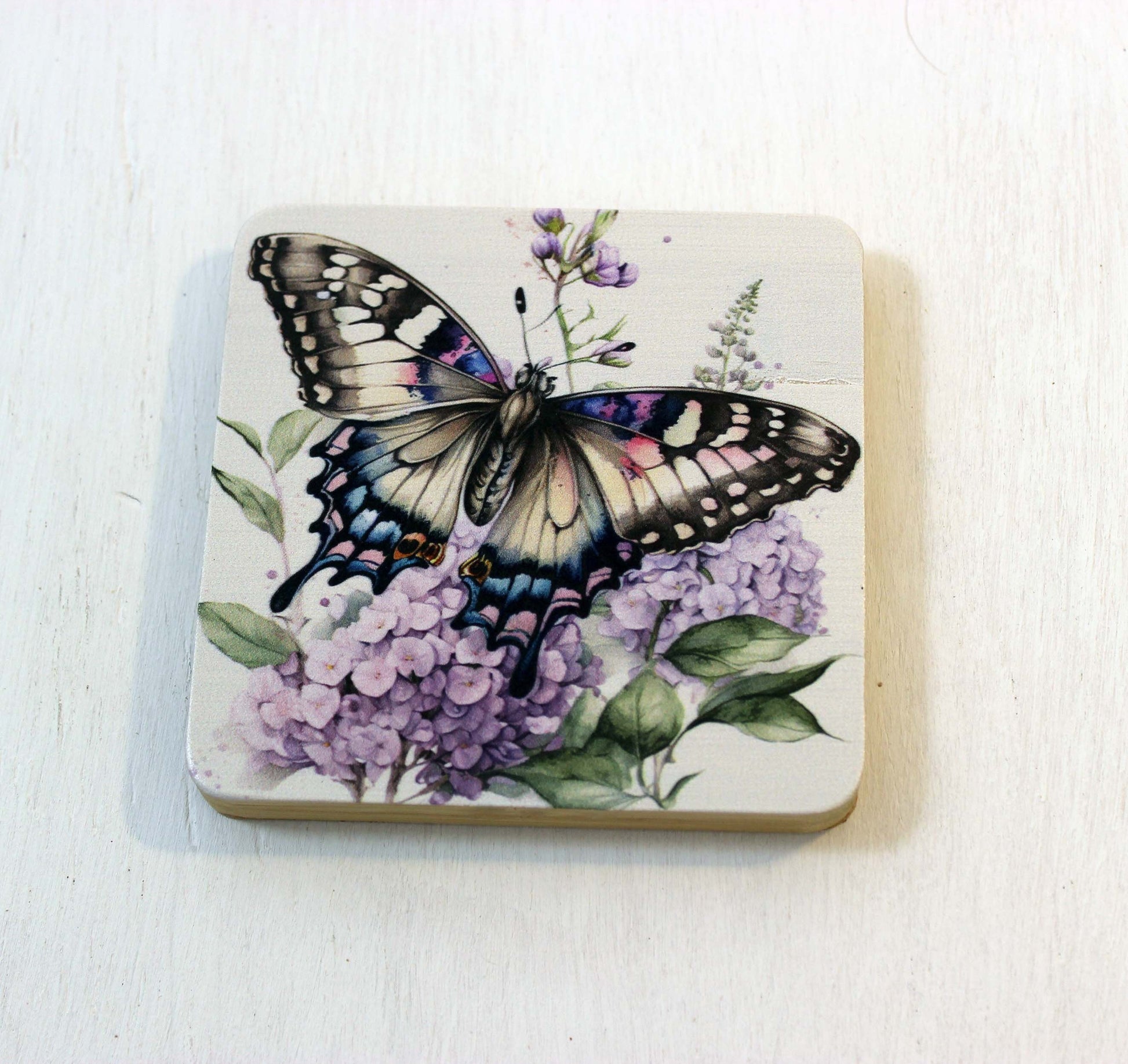 Butterfly Bamboo Coaster Set, Set of 6 includes Bamboo Coaster Caddy & Cork Backing, Beautiful Summer Butterflies UV Ink Decorated Set