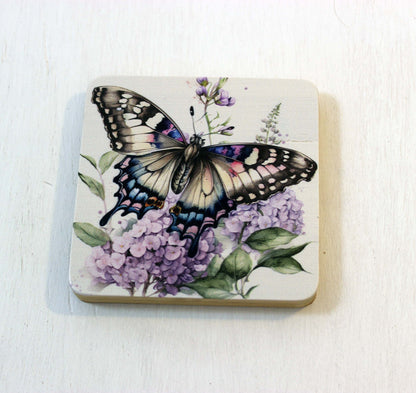 Butterfly Bamboo Coaster Set, Set of 6 includes Bamboo Coaster Caddy & Cork Backing, Beautiful Summer Butterflies UV Ink Decorated Set