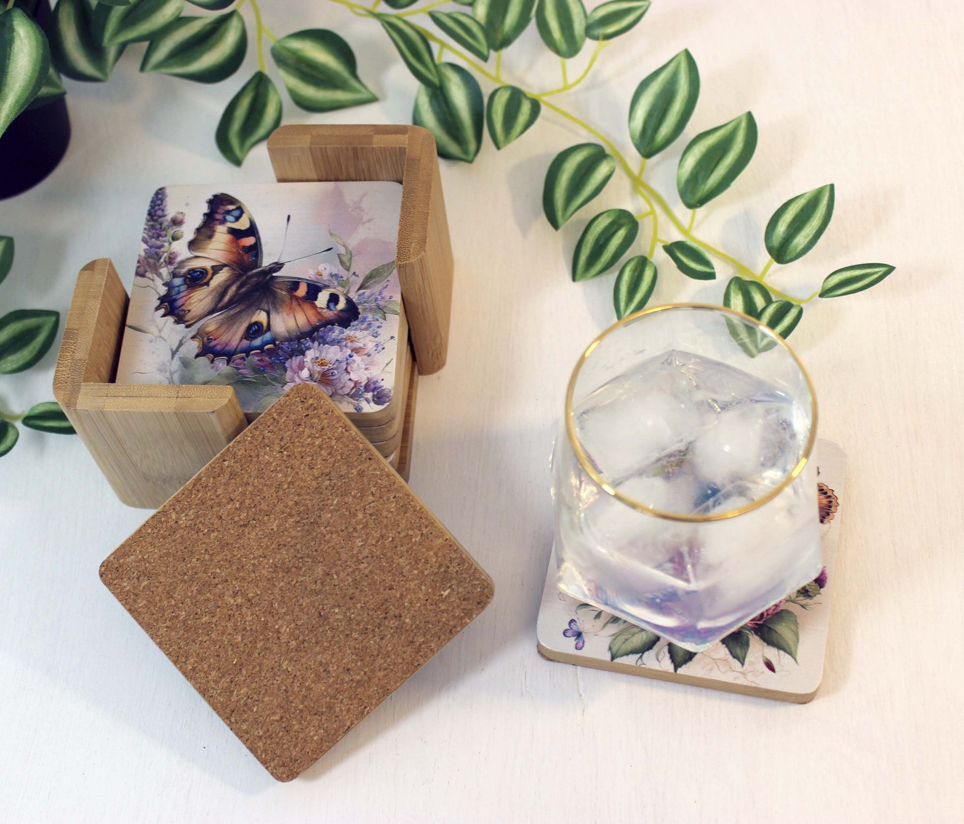 Butterfly Bamboo Coaster Set, Set of 6 includes Bamboo Coaster Caddy & Cork Backing, Beautiful Summer Butterflies UV Ink Decorated Set