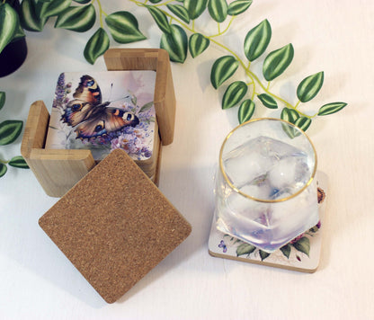 Butterfly Bamboo Coaster Set, Set of 6 includes Bamboo Coaster Caddy & Cork Backing, Beautiful Summer Butterflies UV Ink Decorated Set