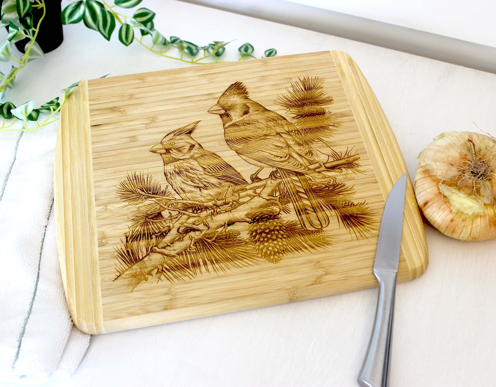 Cardinals on Pine Tree Limb Decorate this Bamboo Cutting Board & can be Personalized, Environmentally Friendly Gifts and Wood Easel Include