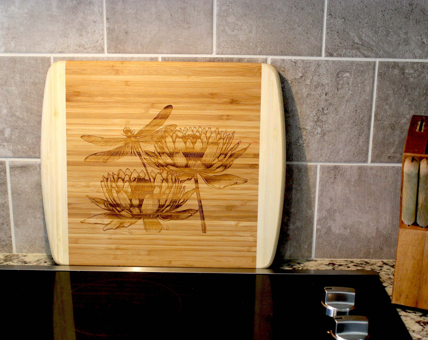 Dragonfly & Lotus Flowers Decorate this Bamboo Cutting Board and can be Personalized, Environmentally Friendly Gifts and Wood Easel Include