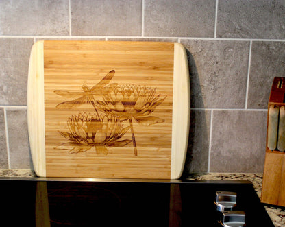 Dragonfly & Lotus Flowers Decorate this Bamboo Cutting Board and can be Personalized, Environmentally Friendly Gifts and Wood Easel Include