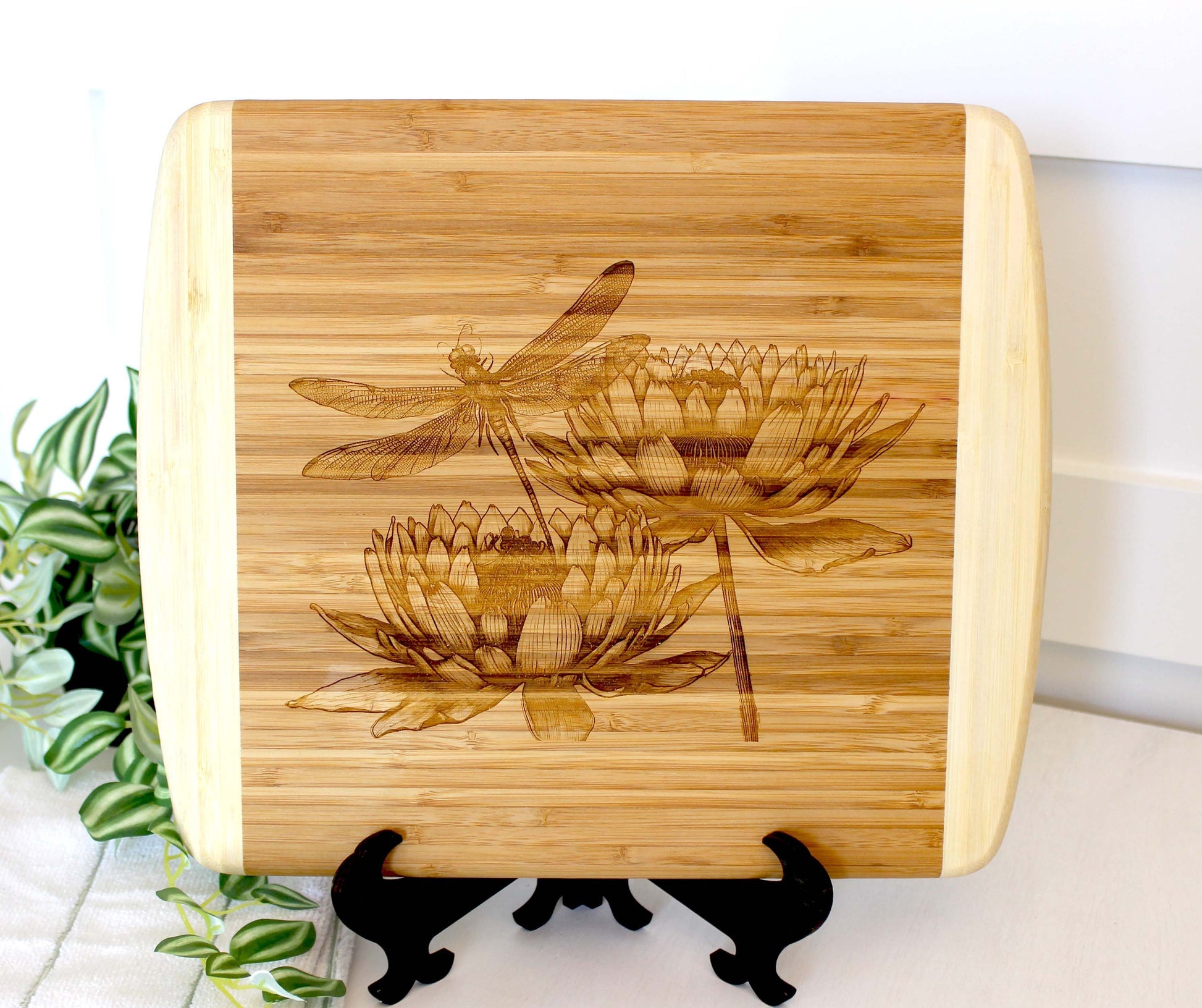 Dragonfly & Lotus Flowers Decorate this Bamboo Cutting Board and can be Personalized, Environmentally Friendly Gifts and Wood Easel Include