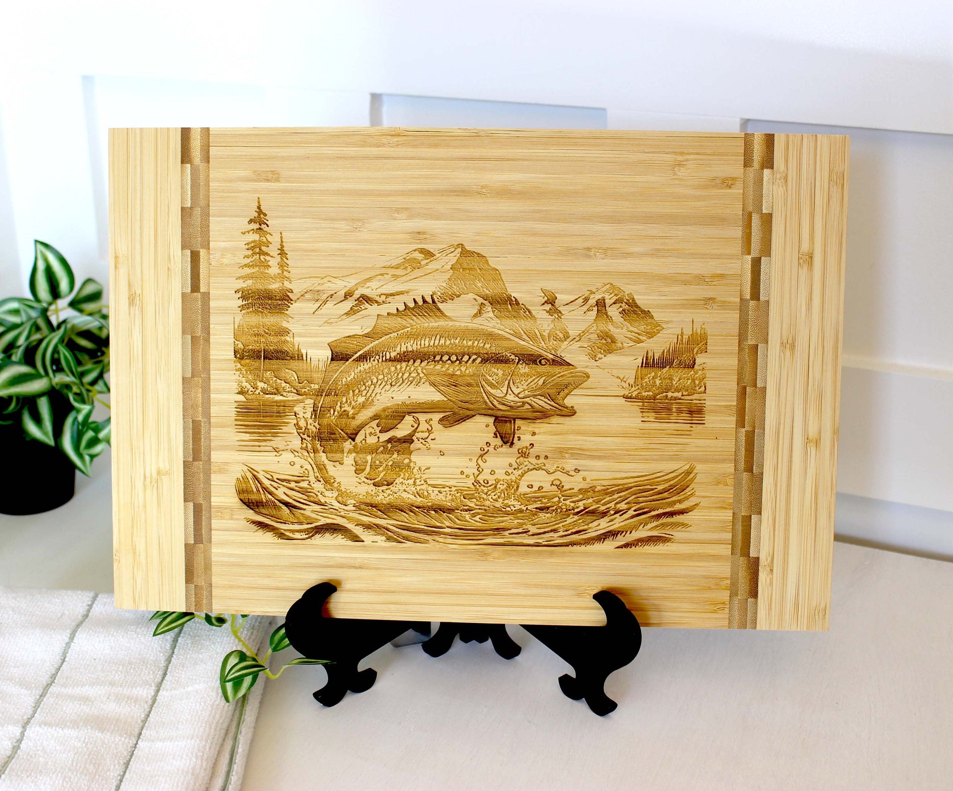 Mountain Lake Fishing Design Decorate this Bamboo Cutting Board & can be Personalized, Environmentally Friendly Gifts and Wood Easel Include