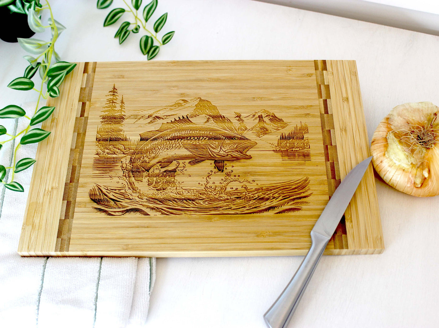 Mountain Lake Fishing Design Decorate this Bamboo Cutting Board & can be Personalized, Environmentally Friendly Gifts and Wood Easel Include