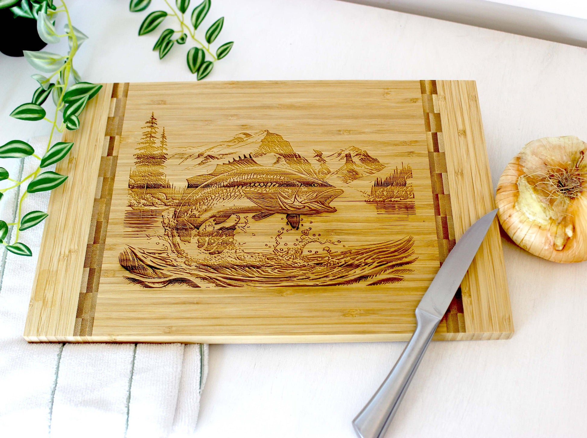 Mountain Lake Fishing Design Decorate this Bamboo Cutting Board & can be Personalized, Environmentally Friendly Gifts and Wood Easel Include