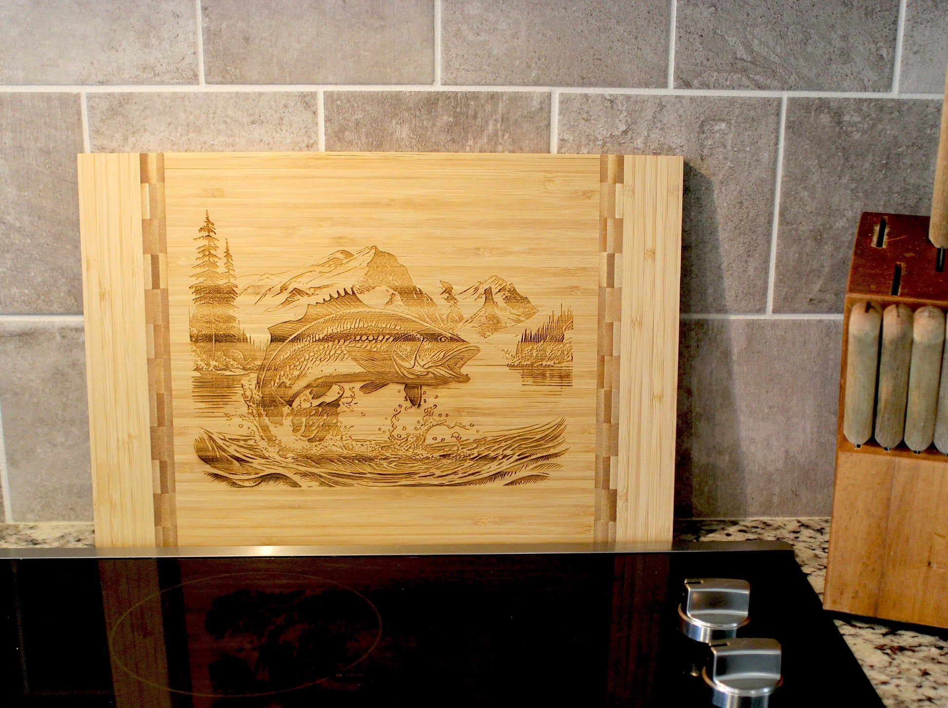 Mountain Lake Fishing Design Decorate this Bamboo Cutting Board & can be Personalized, Environmentally Friendly Gifts and Wood Easel Include
